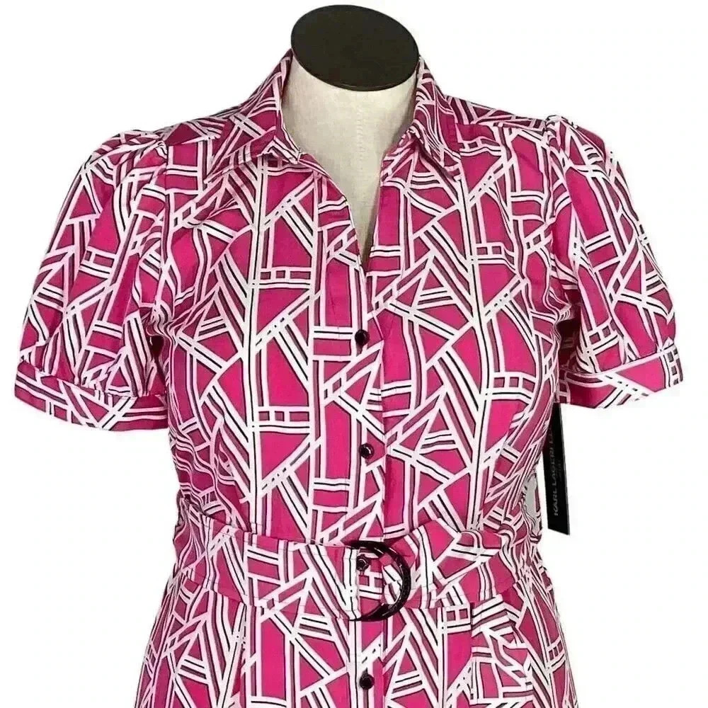Karl Lagerfeld Logo Print Shirtdress Women 10 Pink Button Front Short Sleeve NEW - Picture 2 of 9